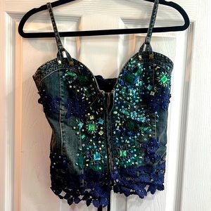Periscope 100% cotton Jean corset bejeweled bedazzled top one of a kind